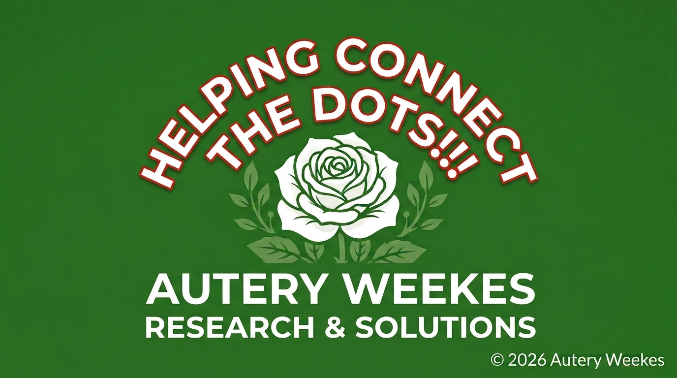 Company logo with a dark green background. Arched white text outlined in red reads HELPING CONNECT THE DOTS. In the center, a white rose with green leaves. Below the rose, white text reads AUTERY WEEKES RESEARCH AND SOLUTIONS.
